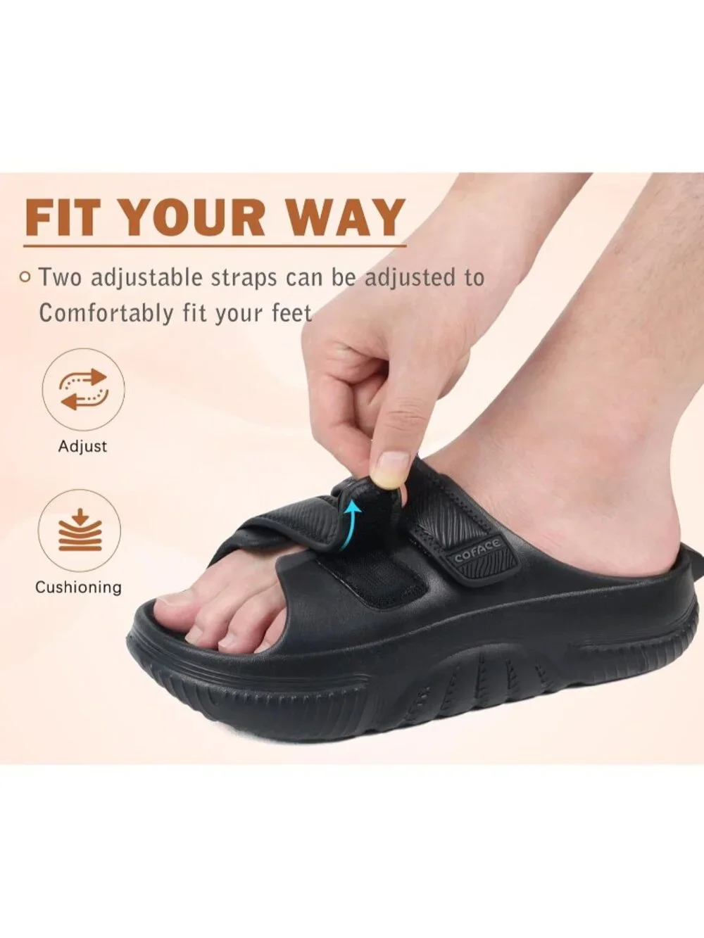 Men's Dark Black Recovery Sandals Orthopaedic Walking Slides Adjustable Thick